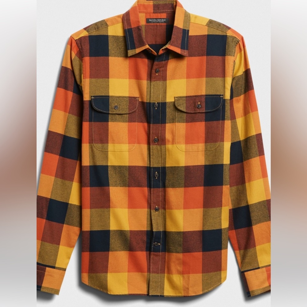 Banana Republic Orange Yellow Navy Plaid Button-Down Shirt